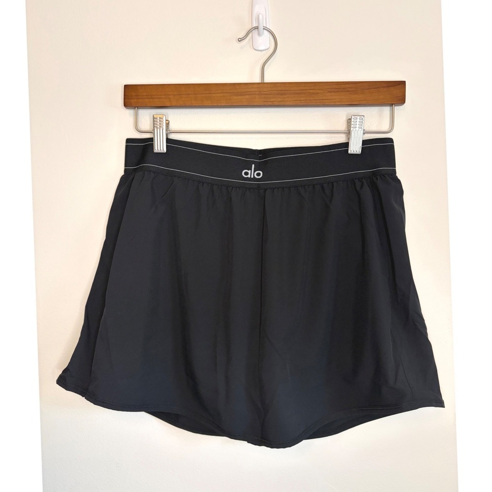 Alo Yoga Match Point Tennis Skirt Black W6240R Logo Waistband Skort Womens L NEW
